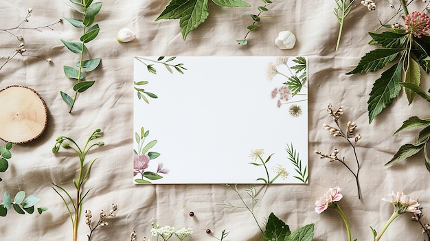 a white framed photo of flowers and a white card on a white cloth