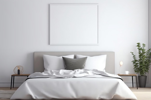 A white framed picture above a bed in a bedroom.