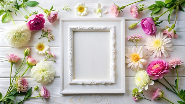 Photo a white framed picture of flowers on a wooden background