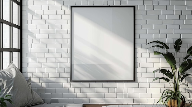 a white framed picture hangs on a white brick wall