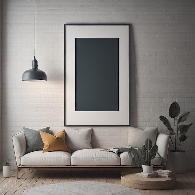 A white framed picture is hanging on a wall with a plant in the corner.