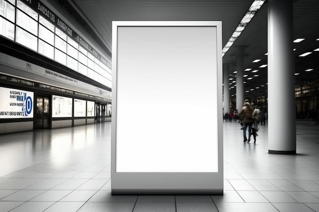 a white framed poster is on the floor of a building.