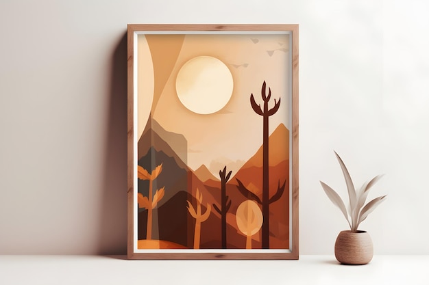 a white framed print with an empty illustration wood light brown and light amber sunlight