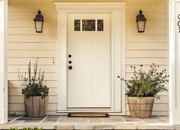 Photo a white front door with plants and flowers on it