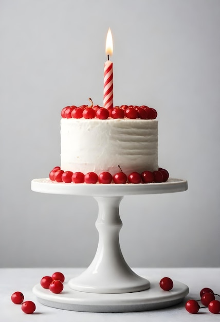 White frosted cake topped with raspberries and a lit red and white striped candle