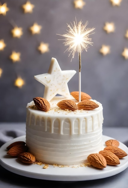 A white frosted cake with almond slices on the sides topped with a lit sparkler a gold star