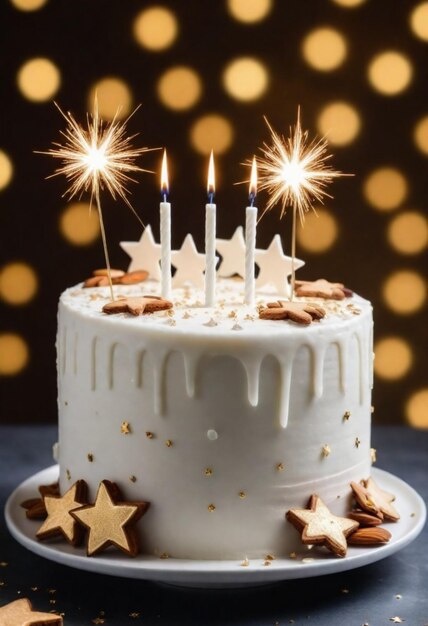 A white frosted cake with almond slices on the sides topped with a lit sparkler a gold star