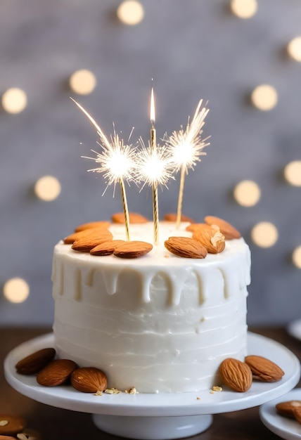 A white frosted cake with almond slices on the sides topped with a lit sparkler a gold star