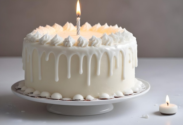 White frosted cake with candle 1 lit on top of it