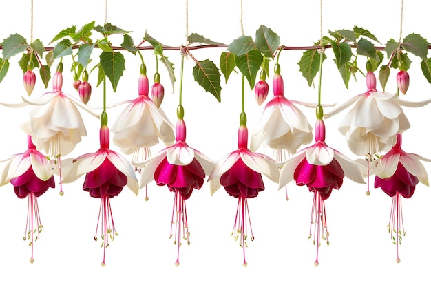 White fuchsia hanging flowers isolated on a white background detailed photo