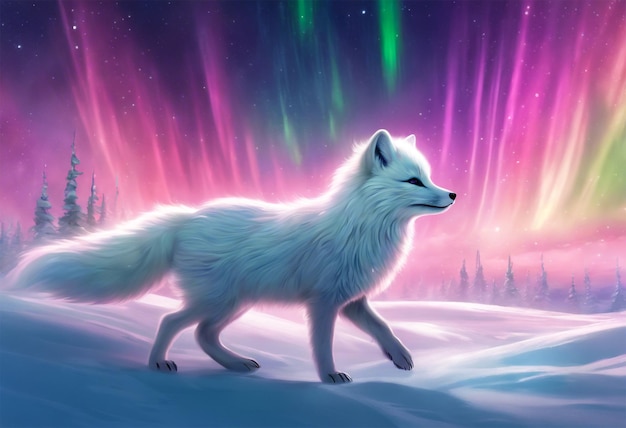 The white fur of a majestic Arctic fox dances with shimmering hues across the snowy landscape