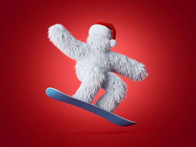 White furry yeti toy wears Christmas hat makes tricks snowboard