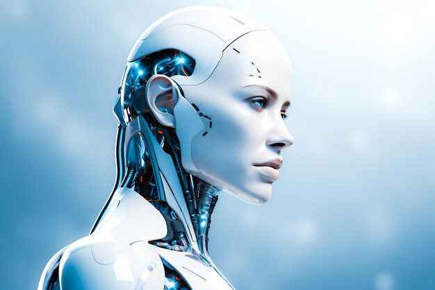 White futuristic beautiful cyborg woman on blue background Ai robot scifi technology