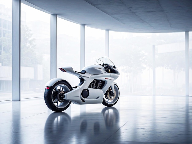 white futuristic bike in white foggy hall