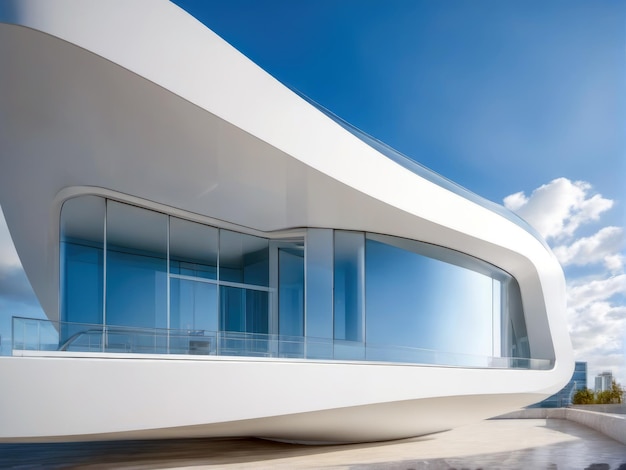 White futuristic building against the blue sky and white clouds Modern architecture