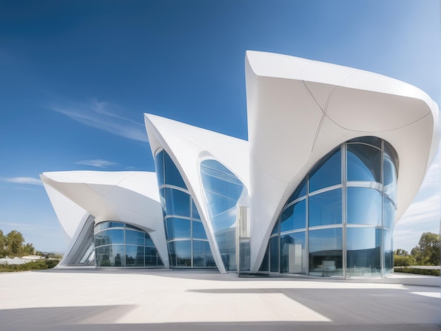 White futuristic building against the blue sky and white clouds Modern architecture