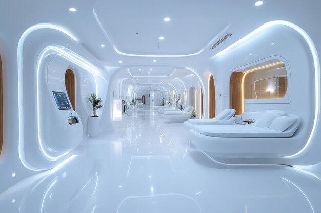 Photo white futuristic interior with curved walls and beds