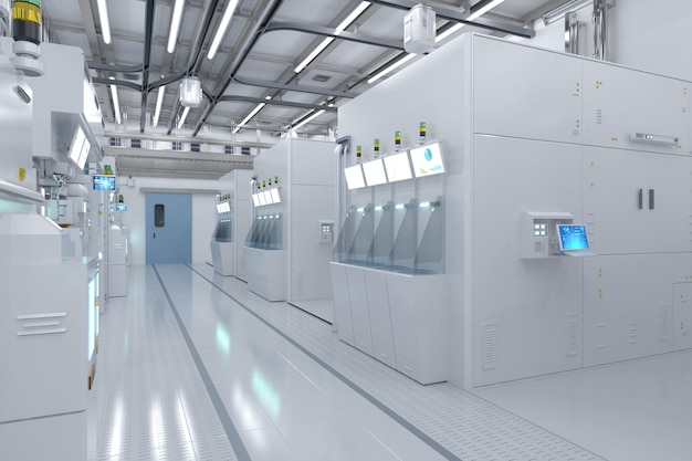 White futuristic semiconductor manufacturing factory or laboratory interior with machine and computer screen