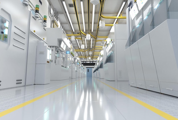 White futuristic semiconductor manufacturing factory or laboratory interior with machine and computer screen