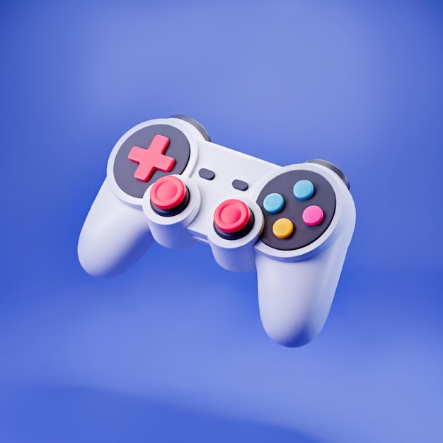 A white game controller on a solid blue background Joystick