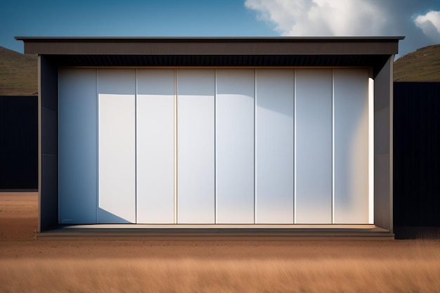 A white garage door with a blue sky behind it.