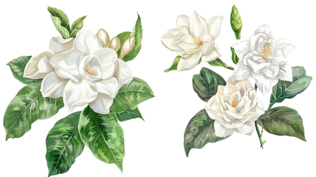 Photo white gardenia flowers with green leaves isolated on white background aig56