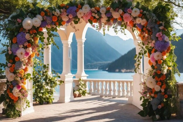 Photo a white gazebo with flowers on it and a lake in the background