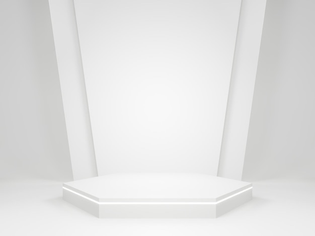 White geometric product stand with neon lights. 3D rendering.