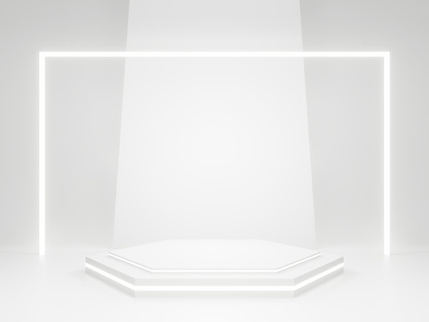 White geometric product stand with neon lights. 3D rendering.