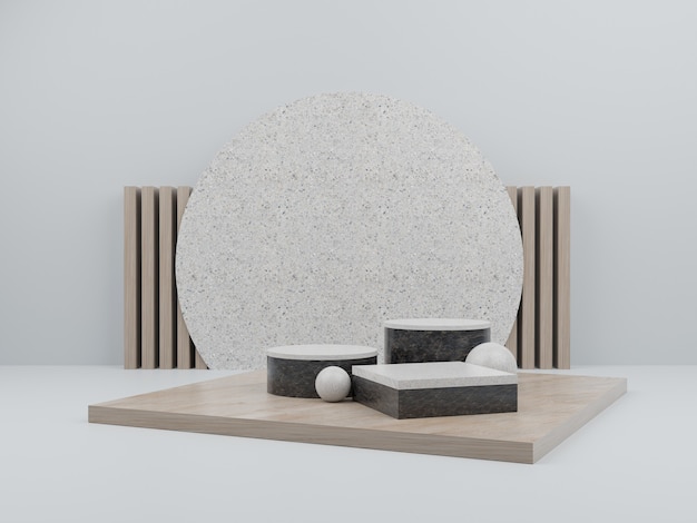 White geometric shape with wood podium for product display