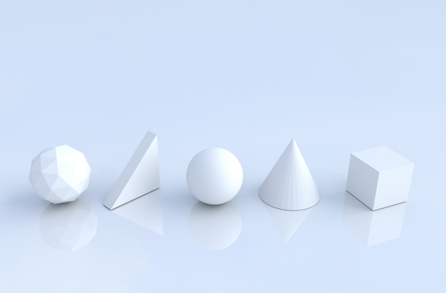 White geometric shapes such as cone,cube, sphere, triangle, polygon. 