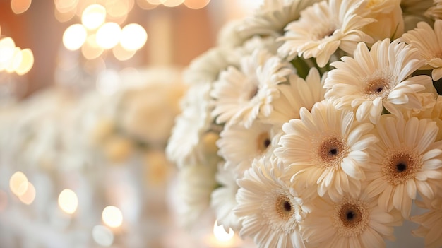 White Gerbera Daisies Bouquet with Warm Bokeh Lights Generative Ai