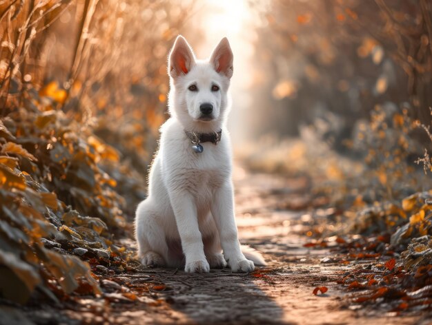 A white german shepherd puppy is sitting in the autumn park