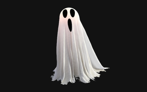 White Ghost on Black Background with Clipping Path. Holiday Concept with Happy Halloween