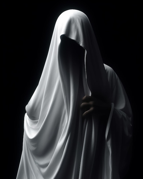 A white ghost in a dark room stands in holy pose with black background