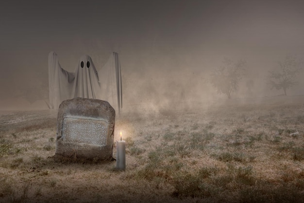 White ghost haunting on the graveyard