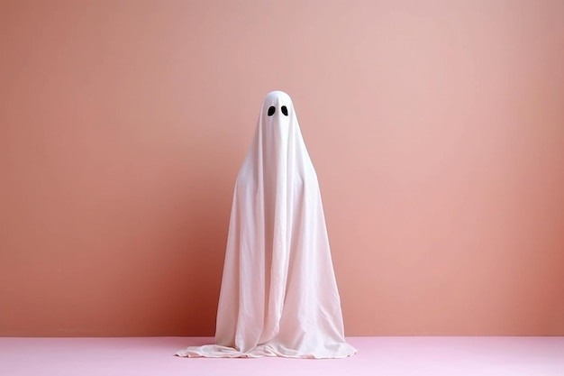 White ghost on pastel background Minimal Halloween scary concept Ghost sheet Halloween costume Minimalist composition with copy space AI generated