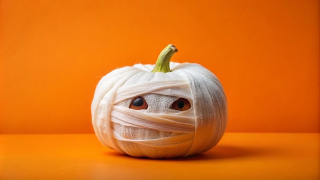 Photo white ghost pumpkin with mummy on orange background halloween concept