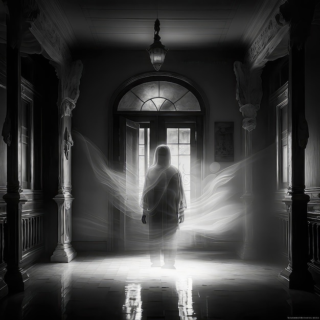 A white ghost wandering through an abandoned mansion Creepy atmosphere supernatural paranormal high definition art generative artificial intelligence