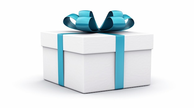 white gift box blue ribbon on white isolated background