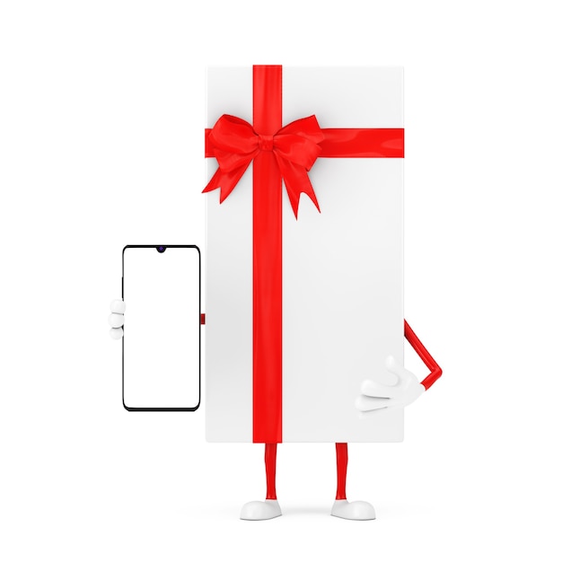 White Gift Box and Red Ribbon Character Mascot and Modern Mobile Phone with Blank Screen for Your Design on a white background. 3d Rendering