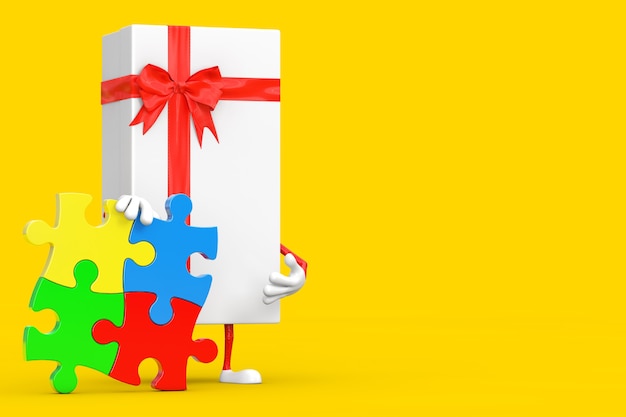 White Gift Box and Red Ribbon Character Mascot Person with Four Pieces of Colorful Jigsaw Puzzle on a yellow background. 3d Rendering