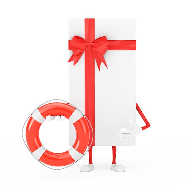 White Gift Box and Red Ribbon Character Mascot with Life Buoy on a white background. 3d Rendering