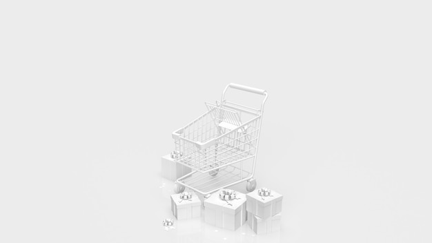 The white gift box and shopping cart on white background 3d rendering