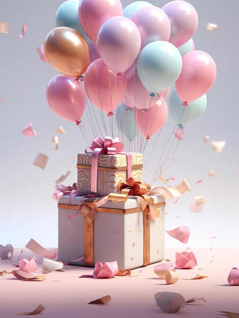 a white gift box with balloons floating on it in the style of muted colors zbrush colorized