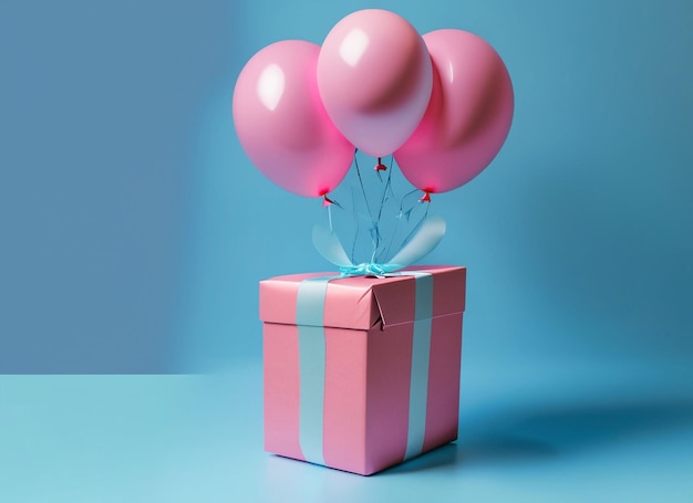 White gift box with blue ribbon and balloon on pink background minimal christmas newyear concept