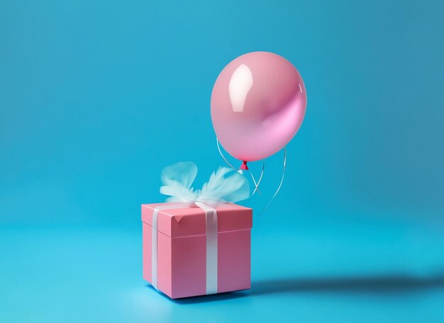 White gift box with blue ribbon and balloon on pink background minimal christmas newyear concept