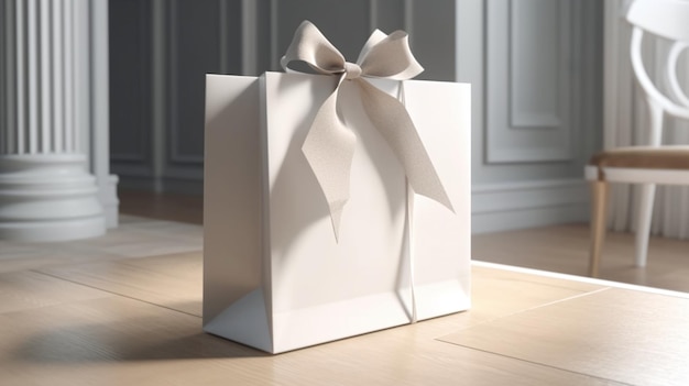 A white gift box with a bow on it and a white bow on the top.