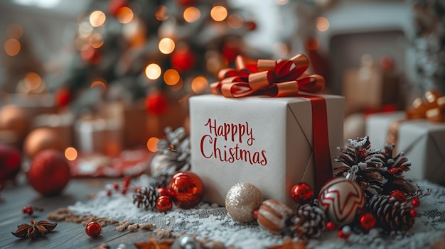 a white gift box with a christmas tree in the background