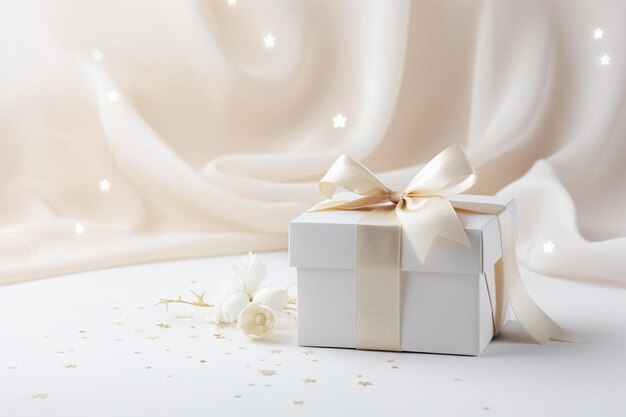 a white gift box with a gold bow on the front.